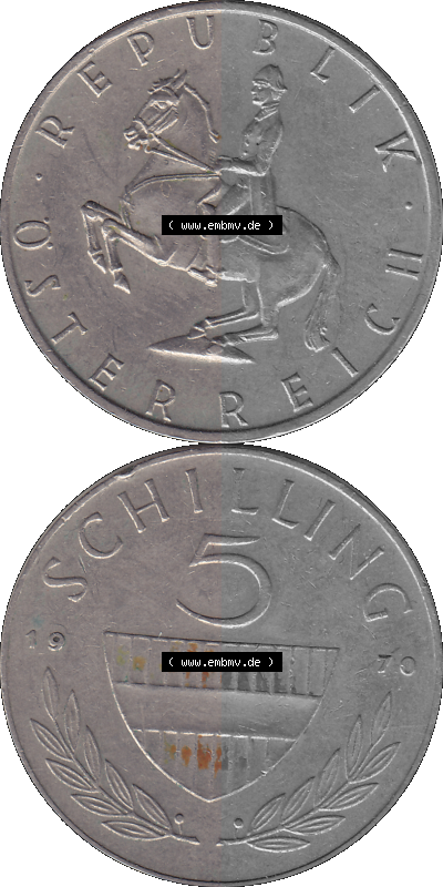5 / Fünf Schilling Österreich in original Farbgebung von Scanner transparenten PNG 1968-2001, 5 Schilling 1970 (Stück 2), Reiter... Sammlung