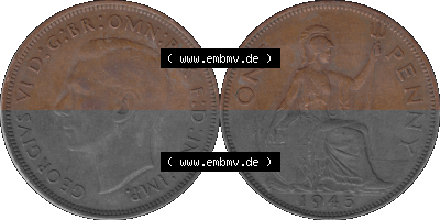 Großbritannien Umlaufmünze 1937-1948, 1 One Penny 1945 (Stück 1), George VI, GEORGIVS VI DGBROMNREX FDINDIMP. HP Sammlung