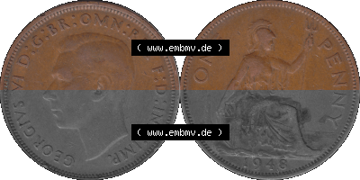 Großbritannien Umlaufmünze 1937-1948, 1 One Penny 1948 (Stück 1), George VI, GEORGIVS VI DGBROMNREX FDINDIMP. HP Sammlung