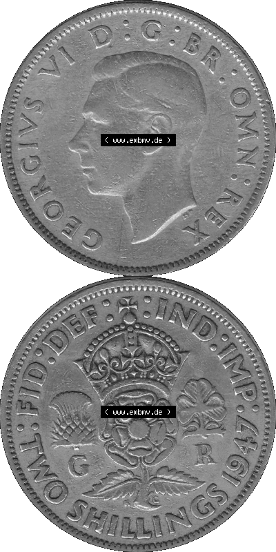Alte Münze Großbritannien, Bild in s/w bzw. Graustufen PNG-Grafik, Umlaufmünze aus dem Zeitraum 1947-1948, 2 Schilling-Florin,... Sammlung