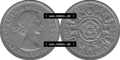 Alte Münze Großbritannien, Bild in s/w bzw. Graustufen PNG-Grafik, Umlaufmünze aus dem Zeitraum 1954-1970, 2 Schilling-Florin,... Sammlung