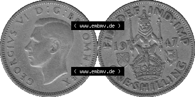 Alte Münze Großbritannien, Bild in s/w bzw. Graustufen PNG-Grafik 1947-1948, 1 One Schilling - One Shilling, 1947 (Stück 2)... Sammlung