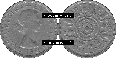 Alte Münze Großbritannien, Bild in s/w bzw. Graustufen PNG-Grafik, Umlaufmünze aus dem Zeitraum 1954-1970, 2 Schilling-Florin,... Sammlung