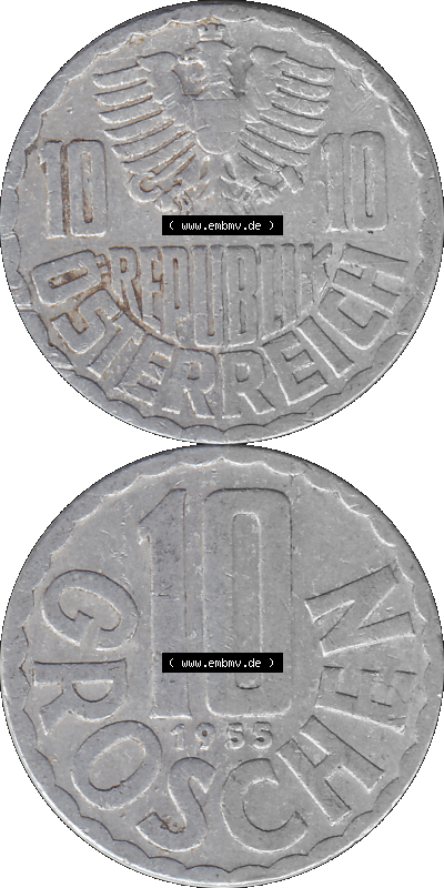 10 / Zehn Groschen Österreich in original Farbgebung von Scanner transparenten PNG 1951-2001, 10 Groschen 1955 (Stück 1) Sammlung