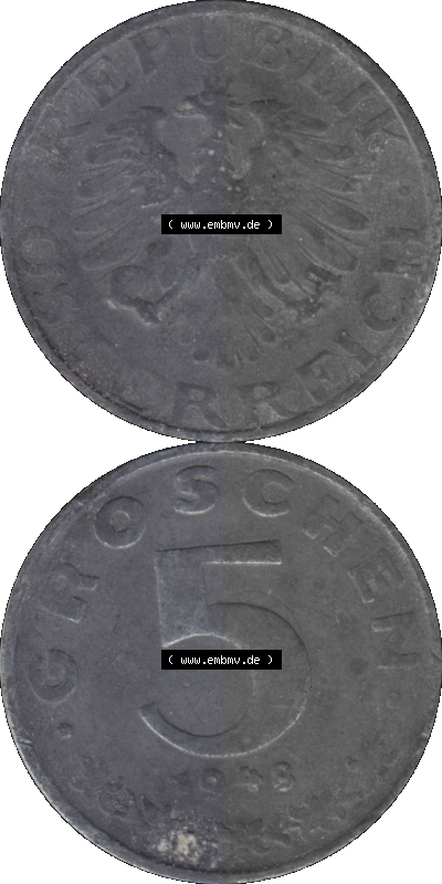 Österreich 5 / Fünf Groschen in Farbe/Color 1948-1994, 5 Groschen 1948 (Stück 1) Sammlung