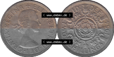 Alte Münze Großbritannien, Bild in Farbe bzw. Color PNG-Grafik, Umlaufmünze aus dem Zeitraum 1954-1970, 2 Schilling-Florin,... Sammlung