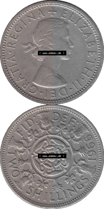 Alte Münze Großbritannien, Bild in Farbe bzw. Color PNG-Grafik, Umlaufmünze aus dem Zeitraum 1954-1970, 2 Schilling-Florin,... Sammlung
