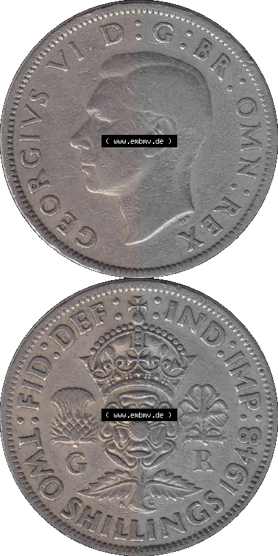 Alte Münze Großbritannien, Bild in Farbe bzw. Color PNG-Grafik, Umlaufmünze aus dem Zeitraum 1947-1948, 2 Schilling-Florin,... Sammlung