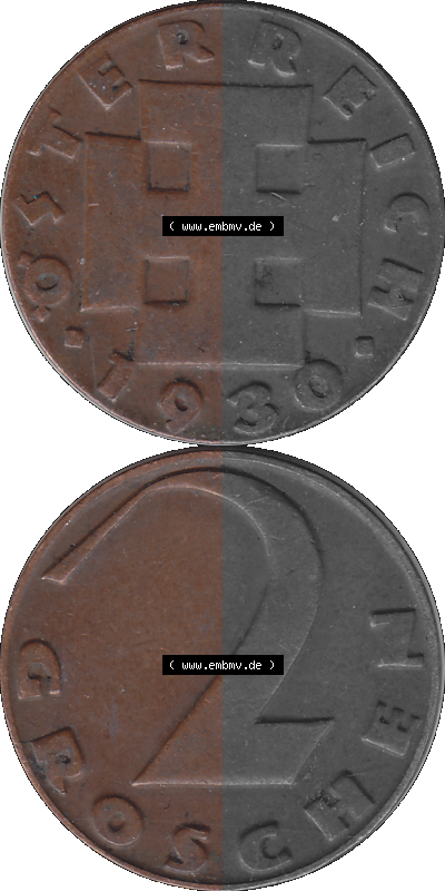 2 / Zwei Groschen Österreich in original Farbgebung von Scanner transparenten PNG 1925-1938, 2 Zwei Groschen, Krückenkreuz 1930... Sammlung