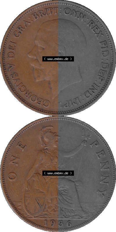 Großbritannien Umlaufmünze One Penny, 1 Pence 1928-1936, 1 One Penny, 1936 (Stück 1), George V. BM GEORGIVS V DEI GRABRITTOMNREX... Sammlung
