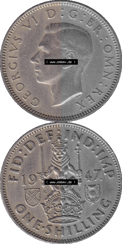 Alte Münze Großbritannien, Bild in Farbe bzw. Color PNG-Grafik 1947-1948, 1 One Schilling - One Shilling, 1947 (Stück 1) Sitzender... Sammlung