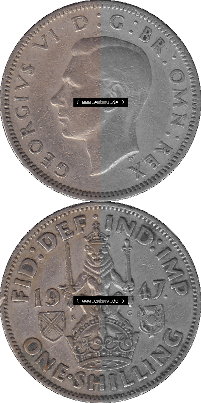 Alte Münze Großbritannien, Bild in Farbe bzw. Color PNG-Grafik 1947-1948, 1 One Schilling - One Shilling, 1947 (Stück 2) Sitzender... Sammlung