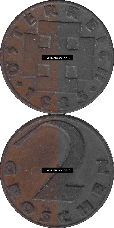 2 / Zwei Groschen Österreich in original Farbgebung von Scanner transparenten PNG 1925-1938, 2 Zwei Groschen, Krückenkreuz 1925... Sammlung
