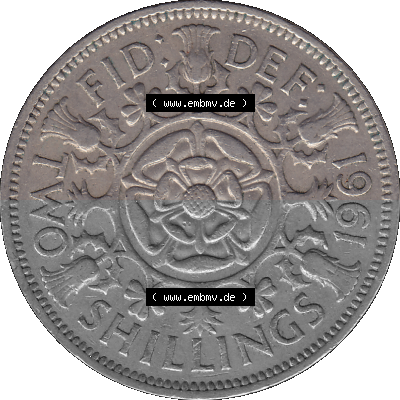Alte Münze Großbritannien, Bild in Farbe bzw. Color PNG-Grafik, Umlaufmünze aus dem Zeitraum 1954-1970, 2 Schilling-Florin,... Sammlung