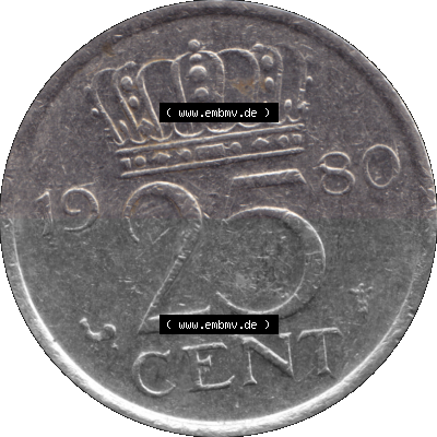 Alte Münze Niederlande in Farbe 1950-1980, 25 Cent Königin Juliana 1980, Fünfundzwanzig Cent Sammlung