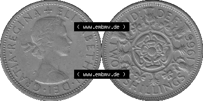 Alte Münze Großbritannien, Bild in s/w bzw. Graustufen PNG-Grafik, Umlaufmünze aus dem Zeitraum 1954-1970, 2 Schilling-Florin,... Sammlung