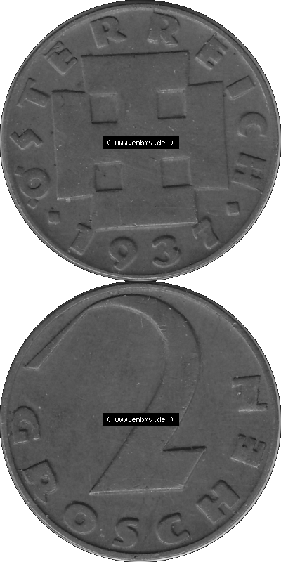 2 / Zwei Groschen Österreich in s/w Schwarzweiß bzw. Graustufen Farbgebung von Scanner transparenten PNG 1925-1938, 2 Zwei Groschen,... Sammlung