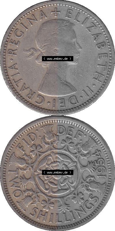 Alte Münze Großbritannien, Bild in Farbe bzw. Color PNG-Grafik, Umlaufmünze aus dem Zeitraum 1954-1970, 2 Schilling-Florin,... Sammlung