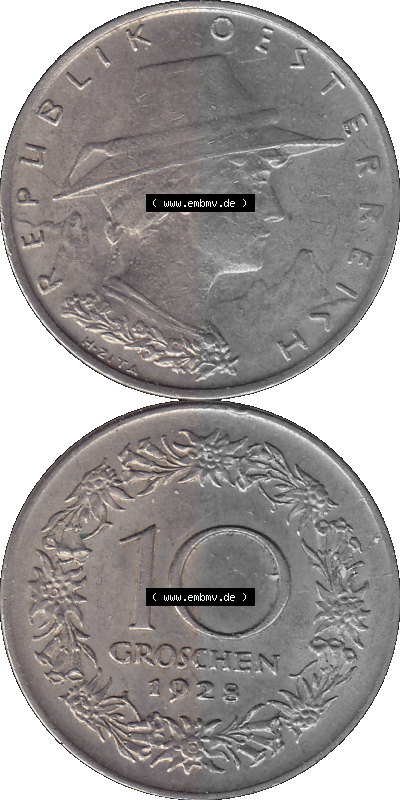 10 / Zehn Groschen Österreich in original Farbgebung von Scanner transparenten PNG 1925-1929, 10 Groschen 1928 (Stück 1), VS... Sammlung