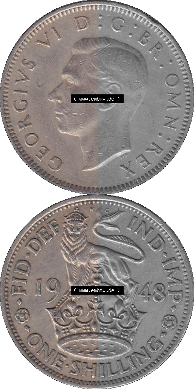 Alte Münze Großbritannien, Bild in Farbe bzw. Color PNG-Grafik 1947-1948, 1 One Schilling - One Shilling, 1948 (Stück 6) Stehender... Sammlung