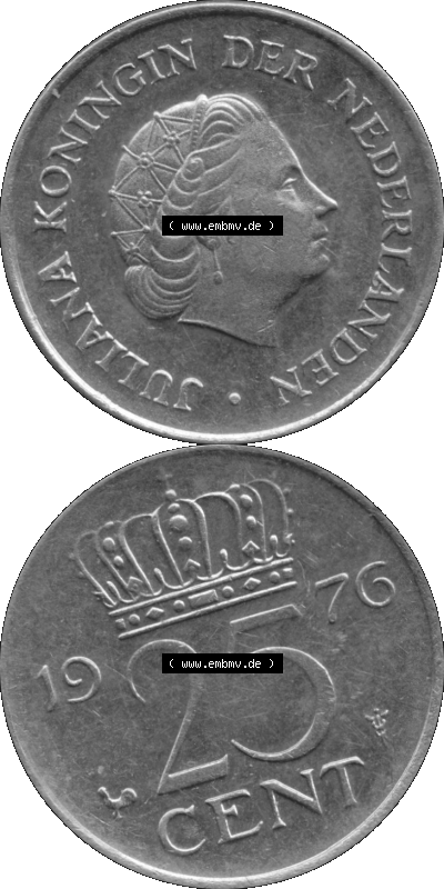 Alte Münze Niederlande in Grau 1950-1980, 25 Cent Königin Juliana 1976 (Stück 1) Graustufen, Fünfundzwanzig Cent Sammlung