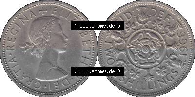 Alte Münze Großbritannien, Bild in Farbe bzw. Color PNG-Grafik, Umlaufmünze aus dem Zeitraum 1954-1970, 2 Schilling-Florin,... Sammlung