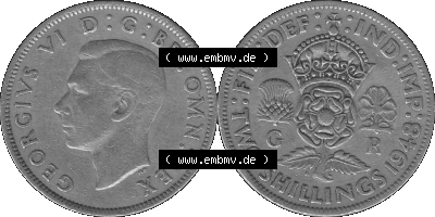 Alte Münze Großbritannien, Bild in s/w bzw. Graustufen PNG-Grafik, Umlaufmünze aus dem Zeitraum 1947-1948, 2 Schilling-Florin,... Sammlung