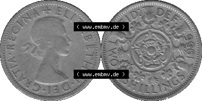 Alte Münze Großbritannien, Bild in s/w bzw. Graustufen PNG-Grafik, Umlaufmünze aus dem Zeitraum 1954-1970, 2 Schilling-Florin,... Sammlung