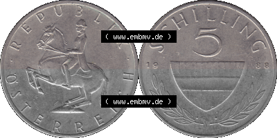 5 / Fünf Schilling Österreich in original Farbgebung von Scanner transparenten PNG 1968-2001, 5 Schilling 1988 (Stück 1), Reiter... Sammlung
