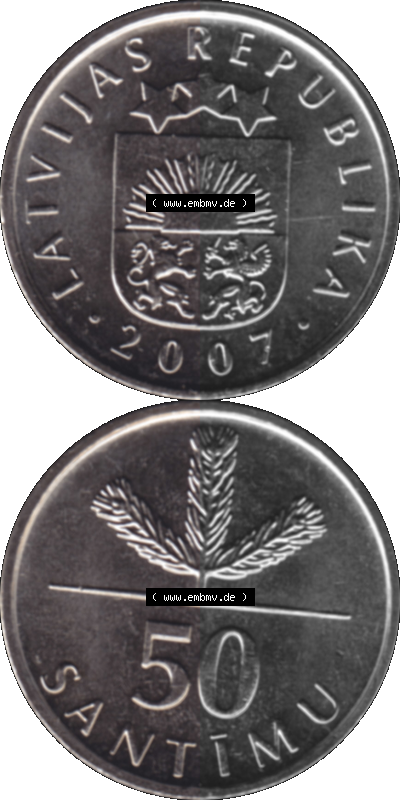 Lettland Umlaufmünze 1992-2009, 50 Santimu 2007 (Stück 1), VS.: Staatswappen von Latvijas Republika, RS.: Wert-Zahl Sammlung