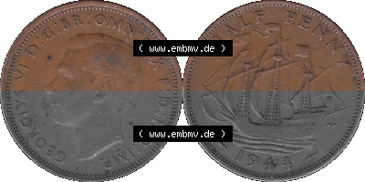 Großbritannien Umlaufmünze Half Penny, 1/2 Pence 1937-1948, Half Penny 1944 (Stück 1), George VI. GEORGIVS VI D-G-BR-OMN-REX... Sammlung