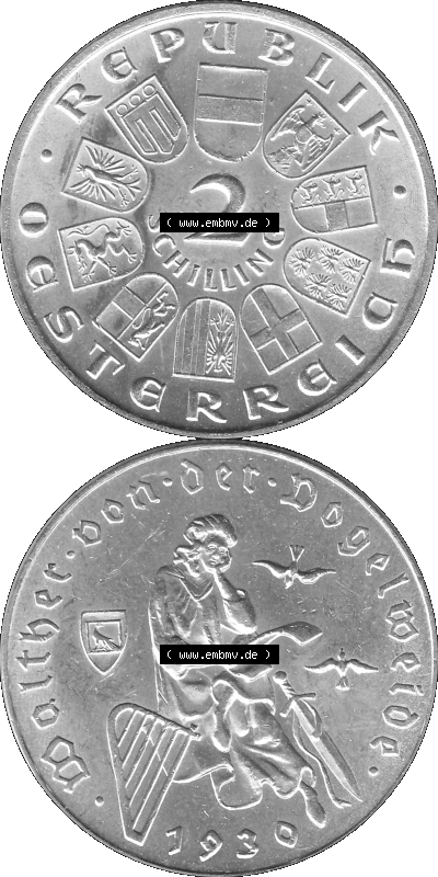 Österreich 1930-1930, 2 Schilling 1930 (Stück 1), Silbermünze Walter von der Vogelweide 1170-1230, Minnesänger Graustufen Sammlung