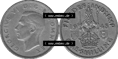 Alte Münze Großbritannien, Bild in s/w bzw. Graustufen PNG-Grafik 1947-1948, 1 One Schilling - One Shilling, 1948 (Stück 2)... Sammlung