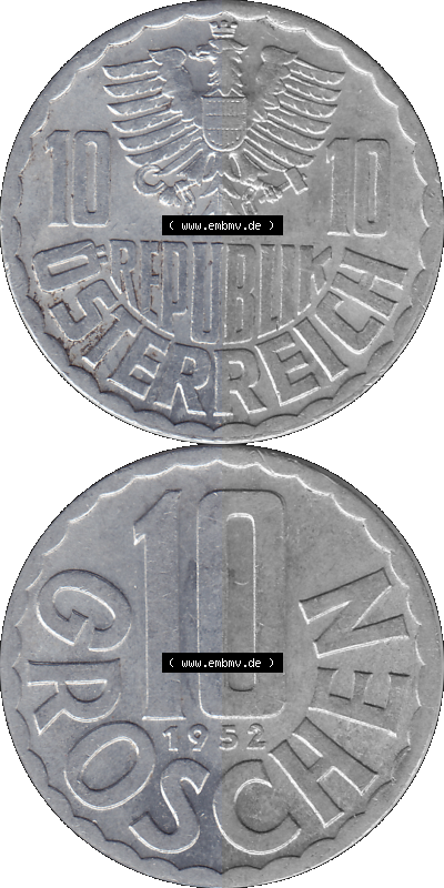 10 / Zehn Groschen Österreich in original Farbgebung von Scanner transparenten PNG 1951-2001, 10 Groschen 1952 (Stück 3) Sammlung