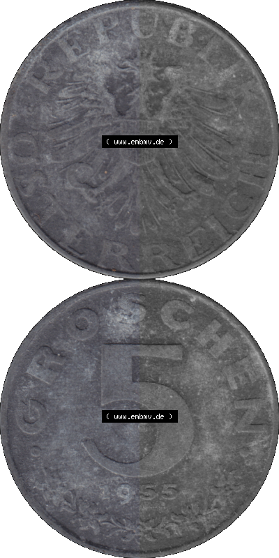 Österreich 5 / Fünf Groschen in Farbe/Color 1948-1994, 5 Groschen 1955 (Stück 1) Sammlung