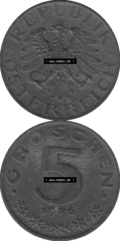 Österreich 5 / Fünf Groschen in s/w / grau / Graustufen 1948-1994, 5 Groschen 1976 (Stück 1) Graustufen Sammlung