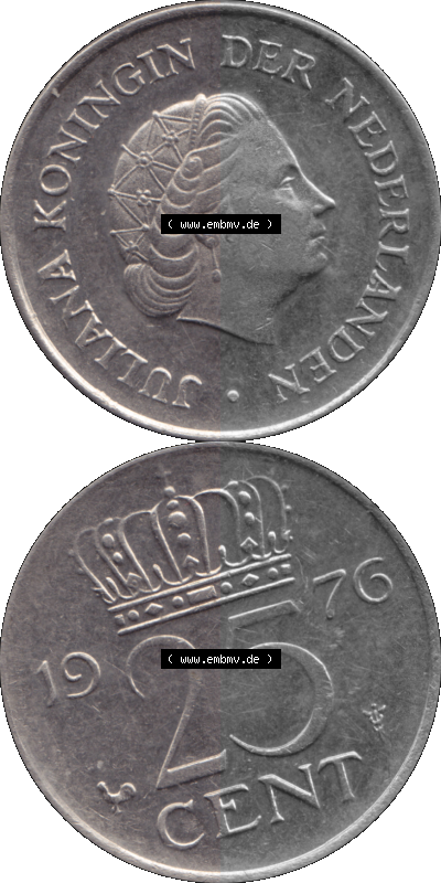 Alte Münze Niederlande in Farbe 1950-1980, 25 Cent Königin Juliana 1976, Fünfundzwanzig Cent Sammlung