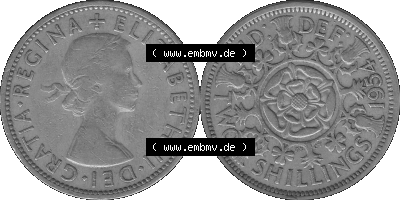 Alte Münze Großbritannien, Bild in s/w bzw. Graustufen PNG-Grafik, Umlaufmünze aus dem Zeitraum 1954-1970, 2 Schilling-Florin,... Sammlung