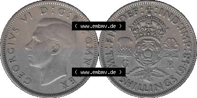 Alte Münze Großbritannien, Bild in Farbe bzw. Color PNG-Grafik, Umlaufmünze aus dem Zeitraum 1947-1948, 2 Schilling-Florin,... Sammlung
