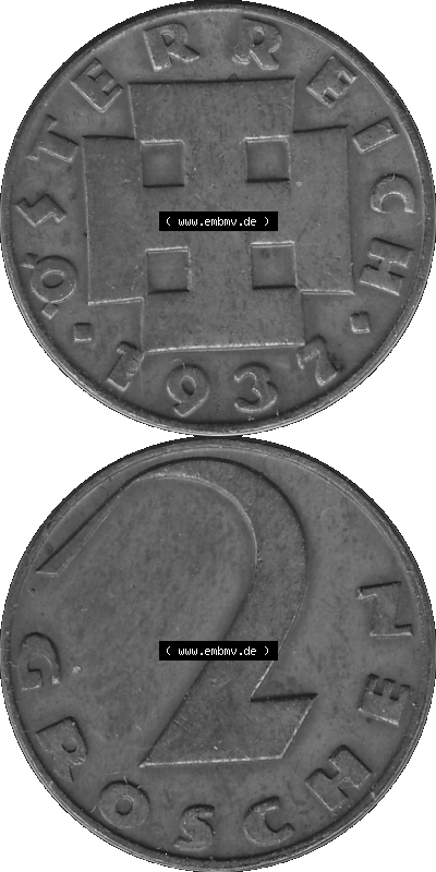 2 / Zwei Groschen Österreich in s/w Schwarzweiß bzw. Graustufen Farbgebung von Scanner transparenten PNG 1925-1938, 2 Zwei Groschen,... Sammlung