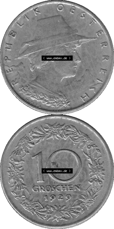 10 / Zehn Groschen Österreich in s/w Schwarzweiß bzw. Graustufen Farbgebung von Scanner transparenten PNG 1925-1929, 10 Groschen... Sammlung