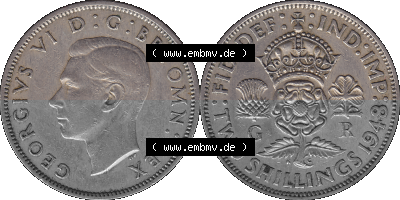 Alte Münze Großbritannien, Bild in Farbe bzw. Color PNG-Grafik, Umlaufmünze aus dem Zeitraum 1947-1948, 2 Schilling-Florin,... Sammlung
