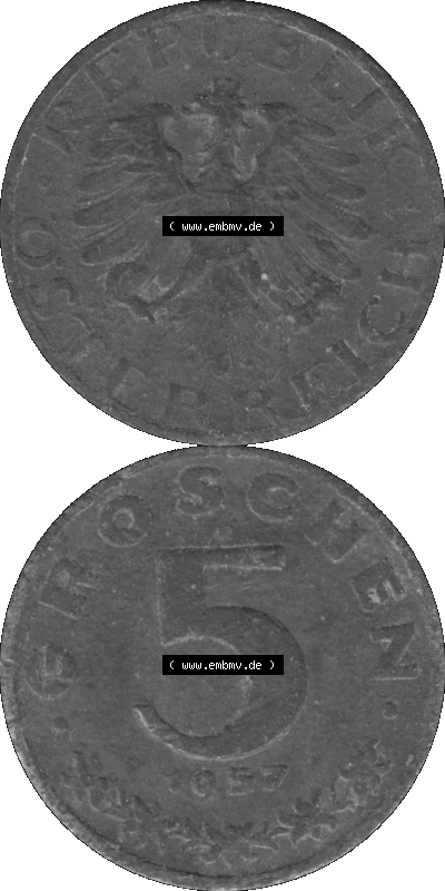Österreich 5 / Fünf Groschen in s/w / grau / Graustufen 1948-1994, 5 Groschen 1957 (Stück 1) Graustufen Sammlung