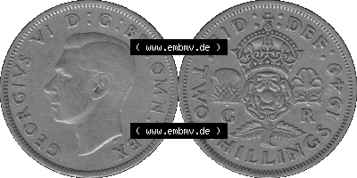 Alte Münze Großbritannien, Bild in s/w bzw. Graustufen PNG-Grafik, Umlaufmünze aus dem Zeitraum 1949-1951, 2 Schilling-Florin,... Sammlung