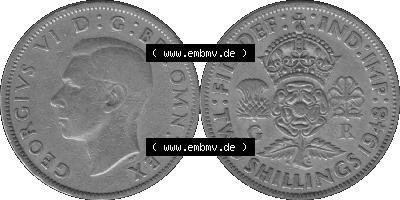 Alte Münze Großbritannien, Bild in s/w bzw. Graustufen PNG-Grafik, Umlaufmünze aus dem Zeitraum 1947-1948, 2 Schilling-Florin,... Sammlung