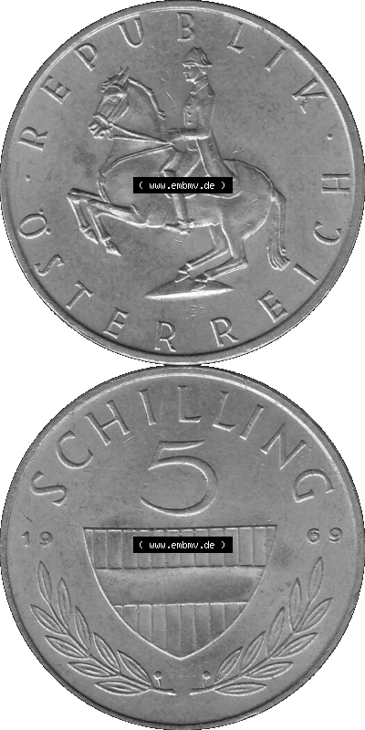 5 / Fünf Schilling Österreich in s/w Schwarzweiß bzw. Graustufen Farbgebung von Scanner transparenten PNG 1968-2001, 5 Schilling... Sammlung