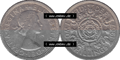 Alte Münze Großbritannien, Bild in Farbe bzw. Color PNG-Grafik, Umlaufmünze aus dem Zeitraum 1954-1970, 2 Schilling-Florin,... Sammlung