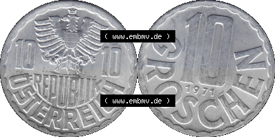 10 / Zehn Groschen Österreich in original Farbgebung von Scanner transparenten PNG 1951-2001, 10 Groschen 1971 (Stück 1) Sammlung