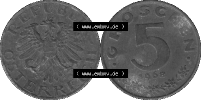 Österreich 5 / Fünf Groschen in s/w / grau / Graustufen 1948-1994, 5 Groschen 1968 (Stück 2) Graustufen Sammlung