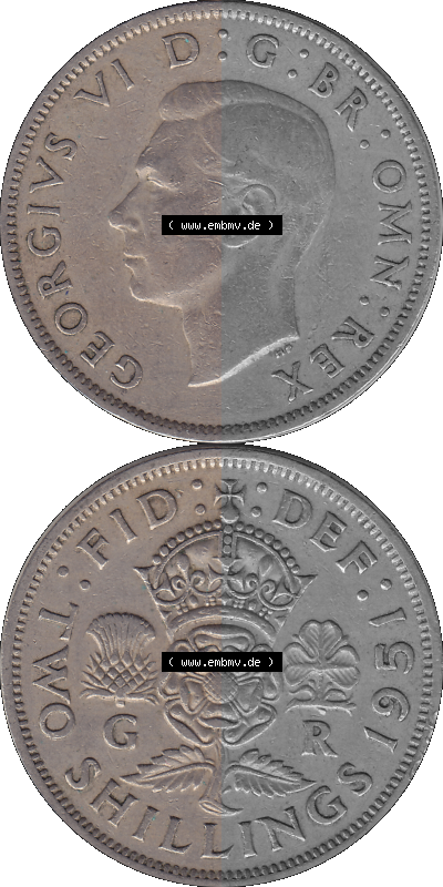 Alte Münze Großbritannien, Bild in Farbe bzw. Color PNG-Grafik, Umlaufmünze aus dem Zeitraum 1949-1951, 2 Schilling-Florin,... Sammlung